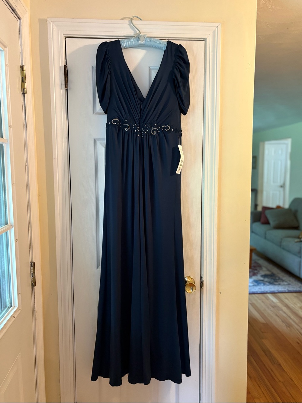 New mother of the bride dress. Elegant Navy V-Neck Maxi Dress with Beaded Waist